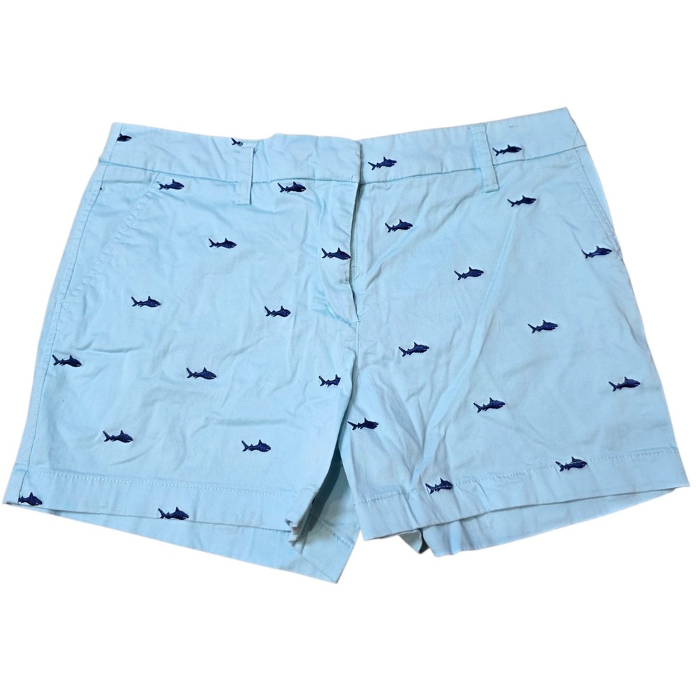 British Khaki Shorts Blue Shark Print Pockets Stretch Casual‎ Chino Size 6